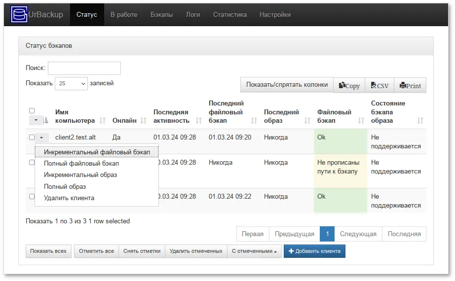 UrBackup. Запуск резервного копирования